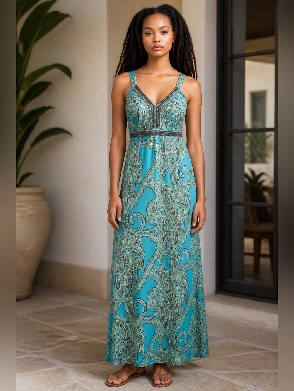 International Concepts V-Neck Teal Paisley Maxi Dress